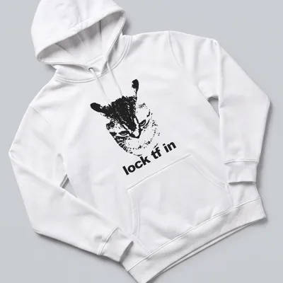 Bold monochrome t-shirt featuring a playful cat and the text 'lock tf in' — printed on a unisex hoodie