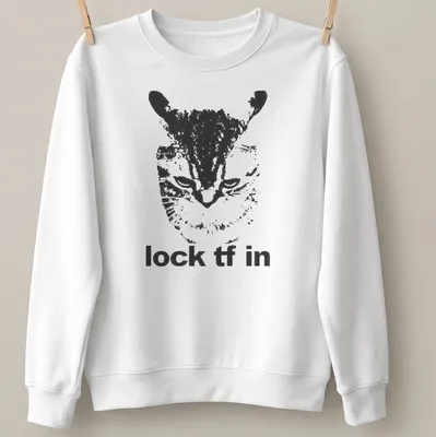Bold monochrome t-shirt featuring a playful cat and the text 'lock tf in' — printed on a unisex sweatshirt