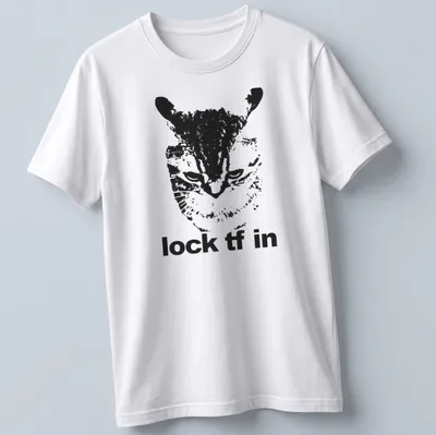 Bold monochrome t-shirt featuring a playful cat and the text 'lock tf in'