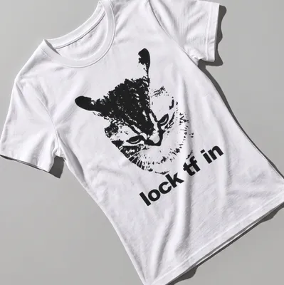 Bold monochrome t-shirt featuring a playful cat and the text 'lock tf in' — printed on a women's shirt
