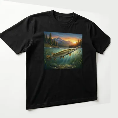 Realistic illustration of a longnose gar in vibrant colors — printed on a unisex t-shirt (angled view)