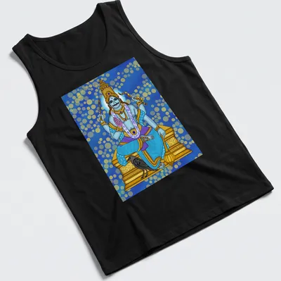 Digital illustration of Shani Dev in blue, gold, purple, black, and white tones. — printed on a tank top