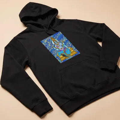 Digital illustration of Shani Dev in blue, gold, purple, black, and white tones. — printed on a unisex hoodie