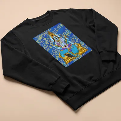 Digital illustration of Shani Dev in blue, gold, purple, black, and white tones. — printed on a unisex sweatshirt