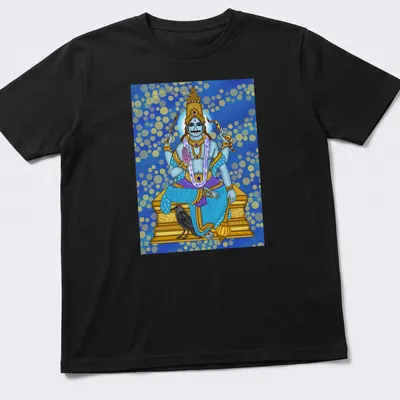 Digital illustration of Shani Dev in blue, gold, purple, black, and white tones.
