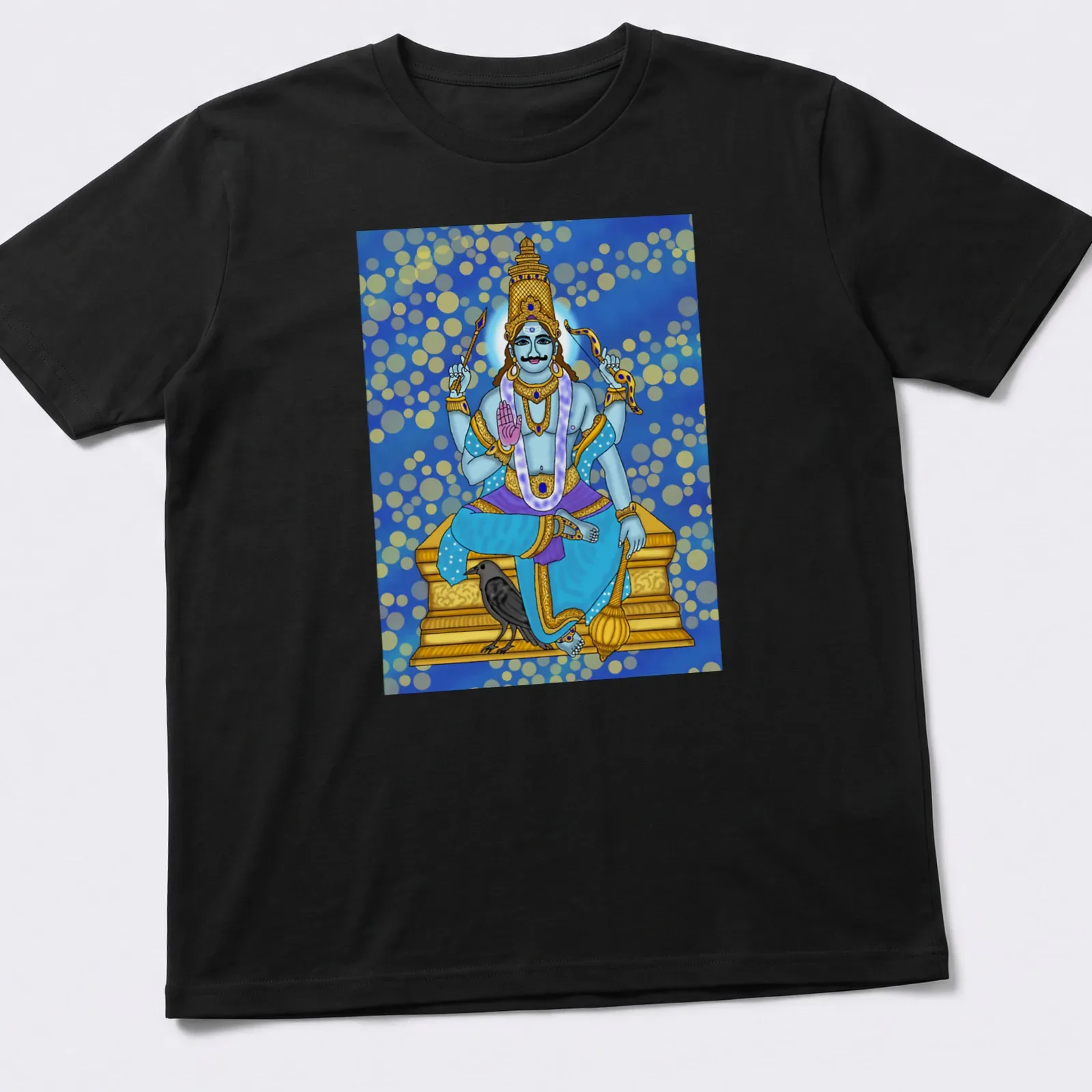 Digital illustration of Shani Dev in blue, gold, purple, black, and white tones. — printed on a unisex t-shirt