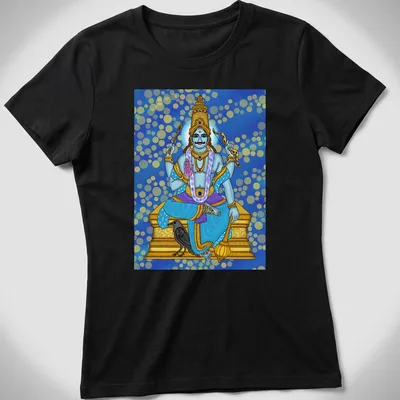 Digital illustration of Shani Dev in blue, gold, purple, black, and white tones. — printed on a women's shirt