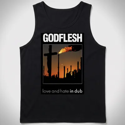 Silhouette of an industrial landscape with a cross and smokestacks under bold text — printed on a tank top