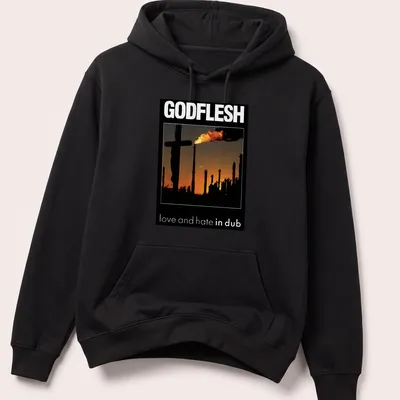 Silhouette of an industrial landscape with a cross and smokestacks under bold text — printed on a unisex hoodie