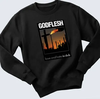 Silhouette of an industrial landscape with a cross and smokestacks under bold text — printed on a unisex sweatshirt
