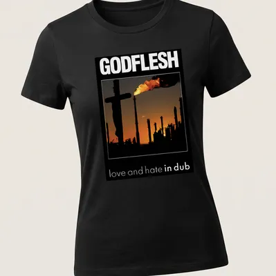 Silhouette of an industrial landscape with a cross and smokestacks under bold text — printed on a women's shirt