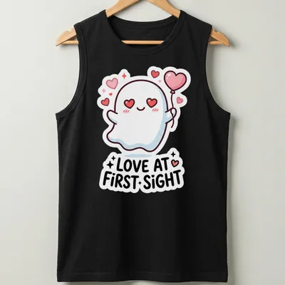 Kawaii ghost holding a heart balloon with Love At First Sight text in pink and black — printed on a tank top