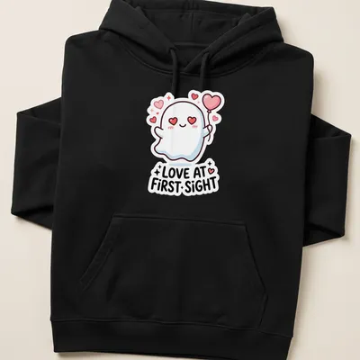 Kawaii ghost holding a heart balloon with Love At First Sight text in pink and black — printed on a unisex hoodie