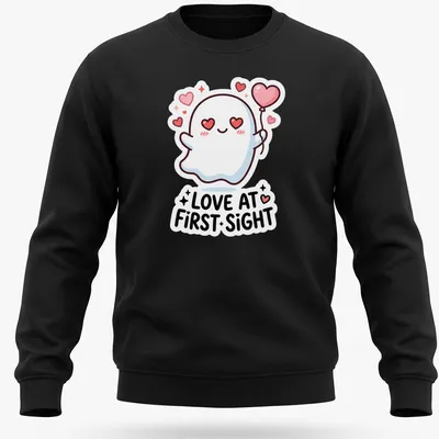 Kawaii ghost holding a heart balloon with Love At First Sight text in pink and black — printed on a unisex sweatshirt