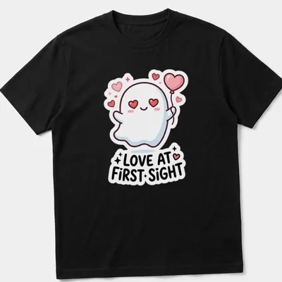 Kawaii ghost holding a heart balloon with Love At First Sight text in pink and black