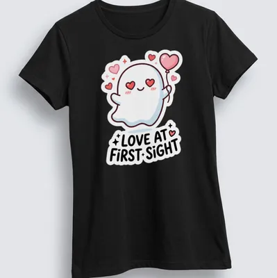 Kawaii ghost holding a heart balloon with Love At First Sight text in pink and black — printed on a women's shirt