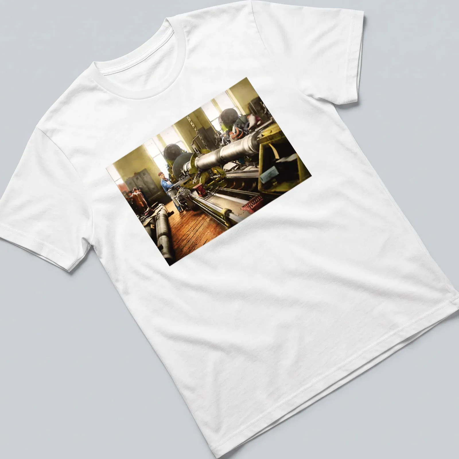 Vintage T-shirt depicting a machinist at a lathe with retro typography — printed on a unisex t-shirt