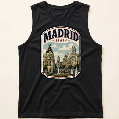 Vintage cityscape illustration of Madrid with the text 'MADRID SPAIN' — printed on a tank top