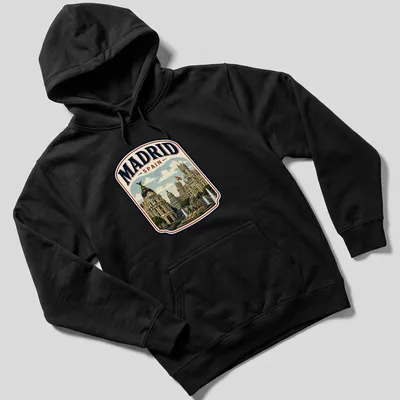 Vintage cityscape illustration of Madrid with the text 'MADRID SPAIN' — printed on a unisex hoodie
