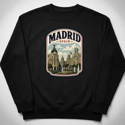 Vintage cityscape illustration of Madrid with the text 'MADRID SPAIN' — printed on a unisex sweatshirt