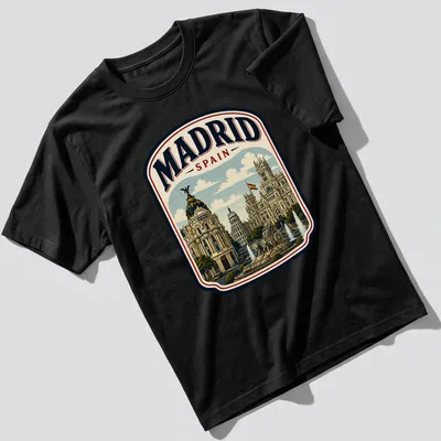 Vintage cityscape illustration of Madrid with the text 'MADRID SPAIN'