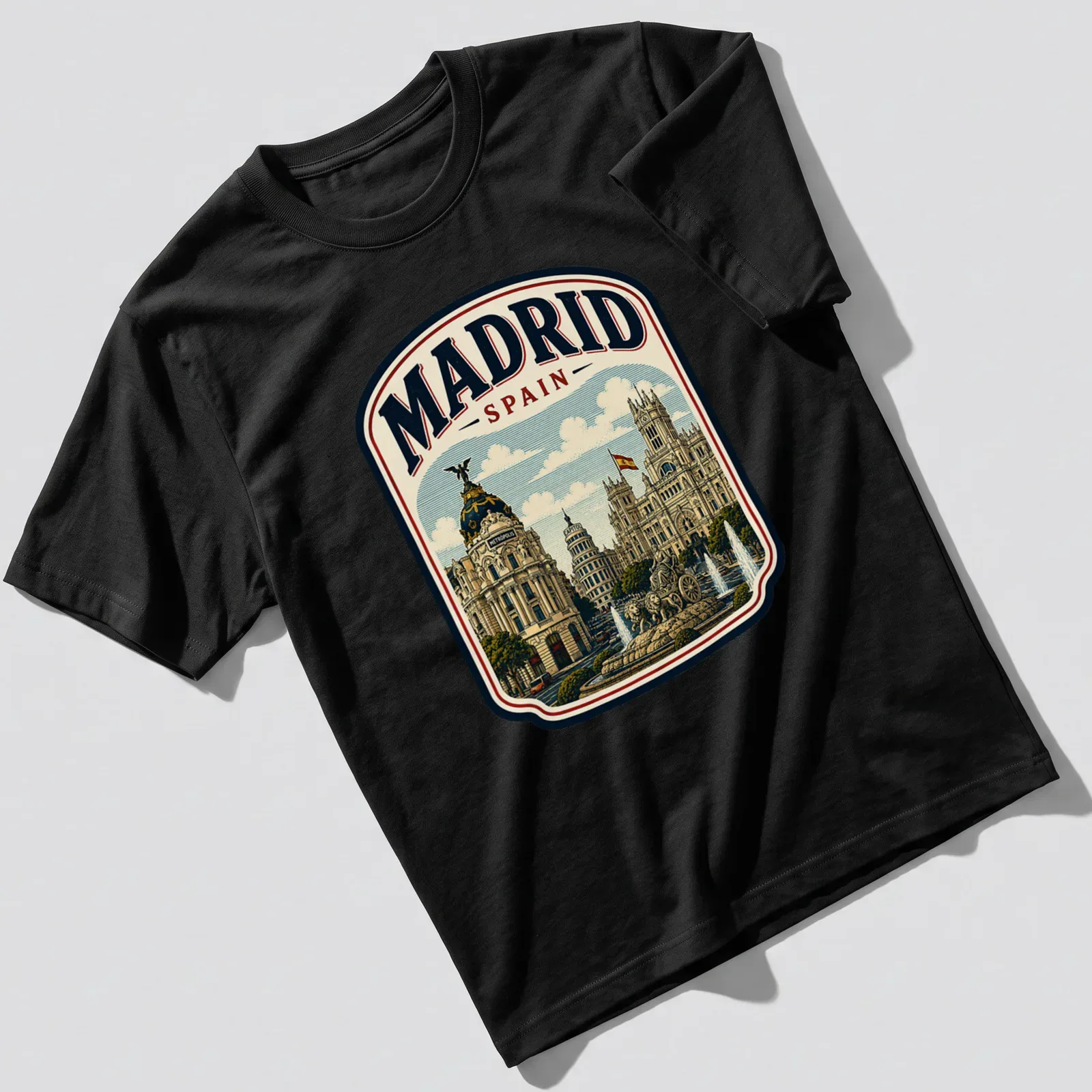 Vintage cityscape illustration of Madrid with the text 'MADRID SPAIN' — printed on a unisex t-shirt