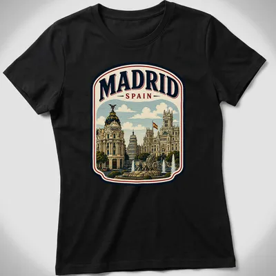 Vintage cityscape illustration of Madrid with the text 'MADRID SPAIN' — printed on a women's shirt