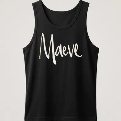 Personalized Maeve t-shirt with elegant gold script on white background — printed on a tank top