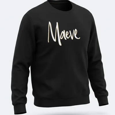 Personalized Maeve t-shirt with elegant gold script on white background — printed on a unisex sweatshirt