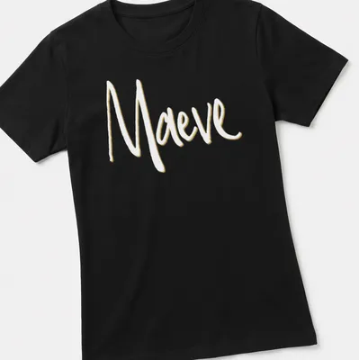 Personalized Maeve t-shirt with elegant gold script on white background — printed on a women's shirt