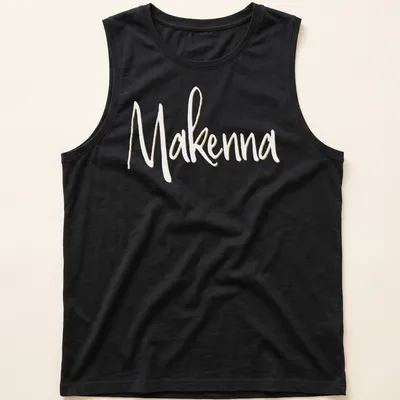 Personalized T-shirt with the name Makenna in elegant gold script — printed on a tank top