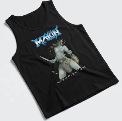 Fantasy illustration of a warrior with a sword and printed text above. — printed on a tank top