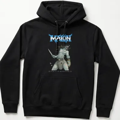 Fantasy illustration of a warrior with a sword and printed text above. — printed on a unisex hoodie