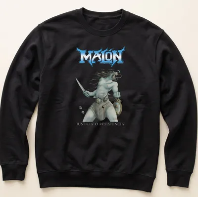 Fantasy illustration of a warrior with a sword and printed text above. — printed on a unisex sweatshirt