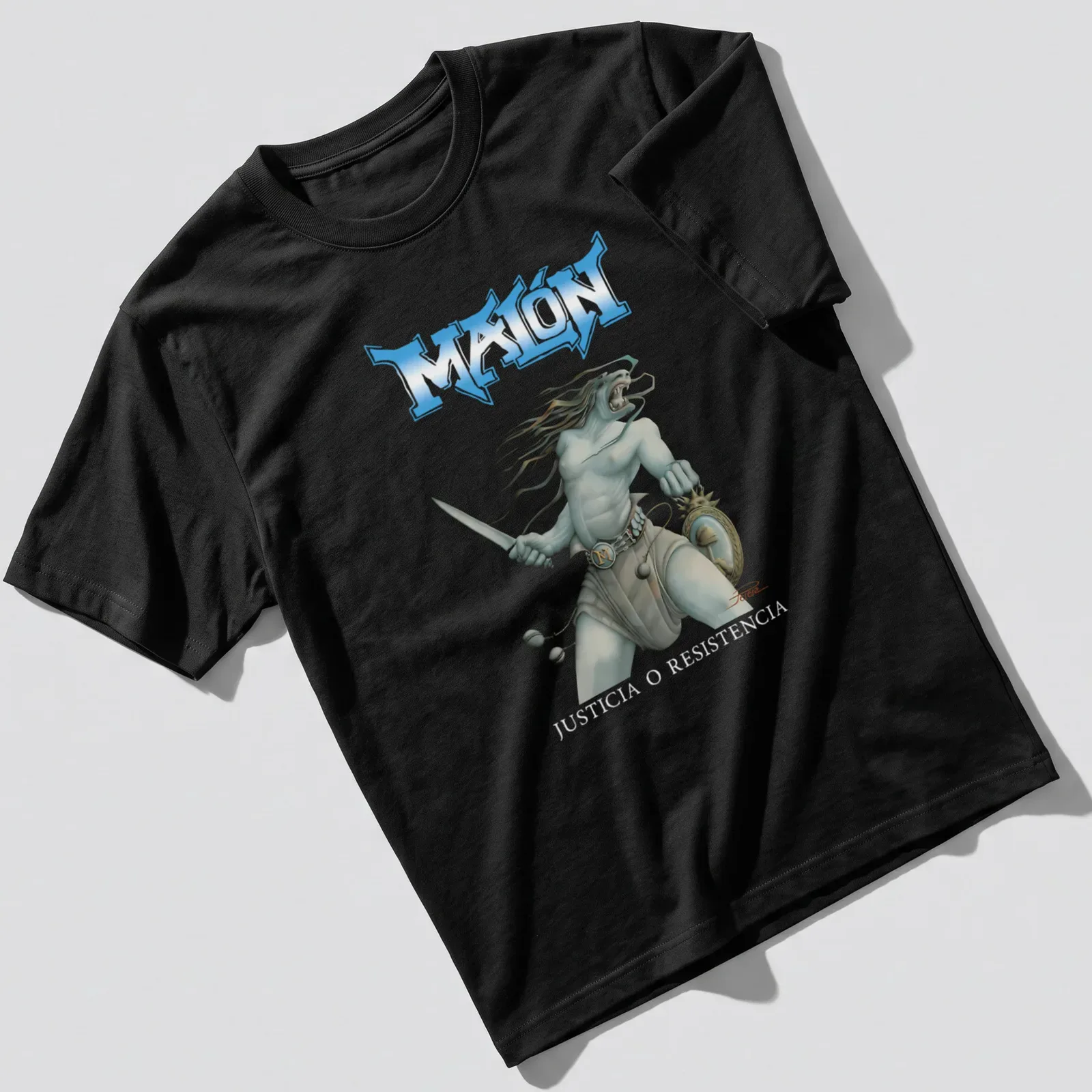 Fantasy illustration of a warrior with a sword and printed text above. — printed on a unisex t-shirt
