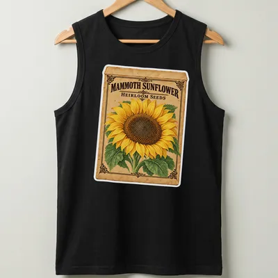 Vintage design featuring a sunflower and the text Mammoth Sunflower Heirloom Seeds in yellow and brown — printed on a tank top