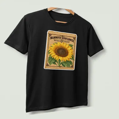 Vintage design featuring a sunflower and the text Mammoth Sunflower Heirloom Seeds in yellow and brown — printed on a unisex t-shirt (angled view)