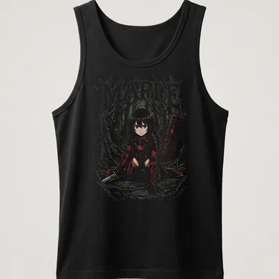 Anime-style knight character with MAPLE text in red, white, black, and gray — printed on a tank top