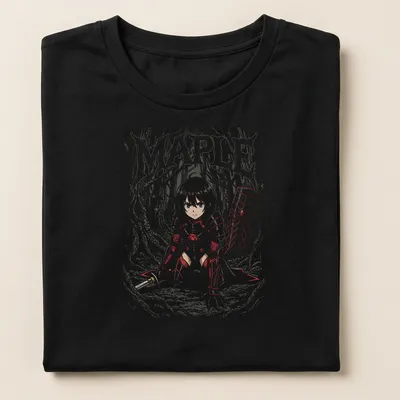 Anime-style knight character with MAPLE text in red, white, black, and gray — printed on a women's shirt