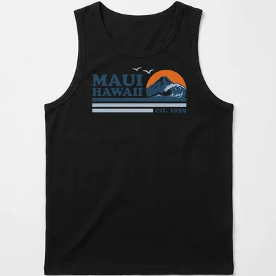 Vintage-style t-shirt featuring Maui Hawaii text with mountain and wave graphic — printed on a tank top