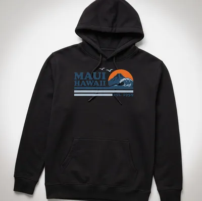 Vintage-style t-shirt featuring Maui Hawaii text with mountain and wave graphic — printed on a unisex hoodie
