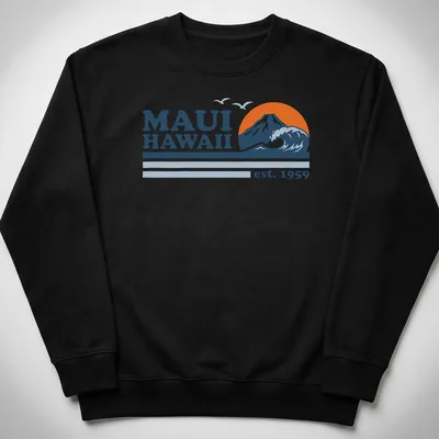 Vintage-style t-shirt featuring Maui Hawaii text with mountain and wave graphic — printed on a unisex sweatshirt