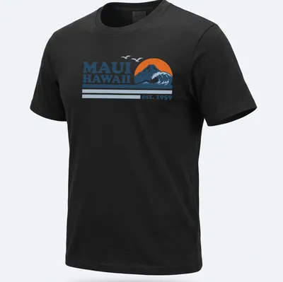 Vintage-style t-shirt featuring Maui Hawaii text with mountain and wave graphic — printed on a unisex t-shirt