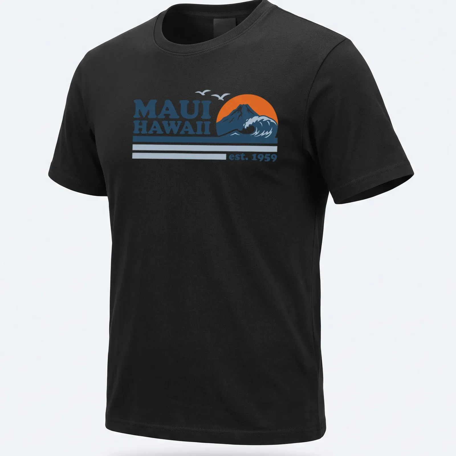Vintage-style t-shirt featuring Maui Hawaii text with mountain and wave graphic — printed on a unisex t-shirt