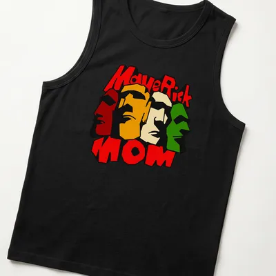 Colorful graphic t-shirt featuring the text MaveRick MOM with vibrant faces — printed on a tank top