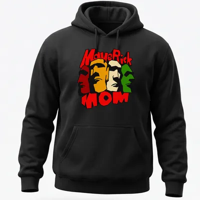 Colorful graphic t-shirt featuring the text MaveRick MOM with vibrant faces — printed on a unisex hoodie