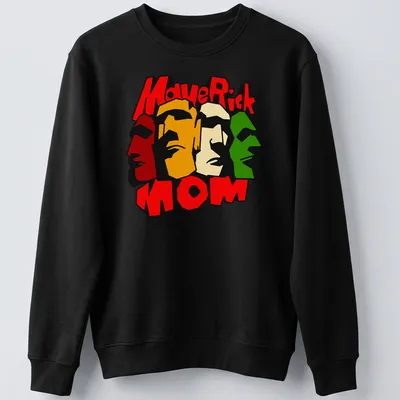 Colorful graphic t-shirt featuring the text MaveRick MOM with vibrant faces — printed on a unisex sweatshirt
