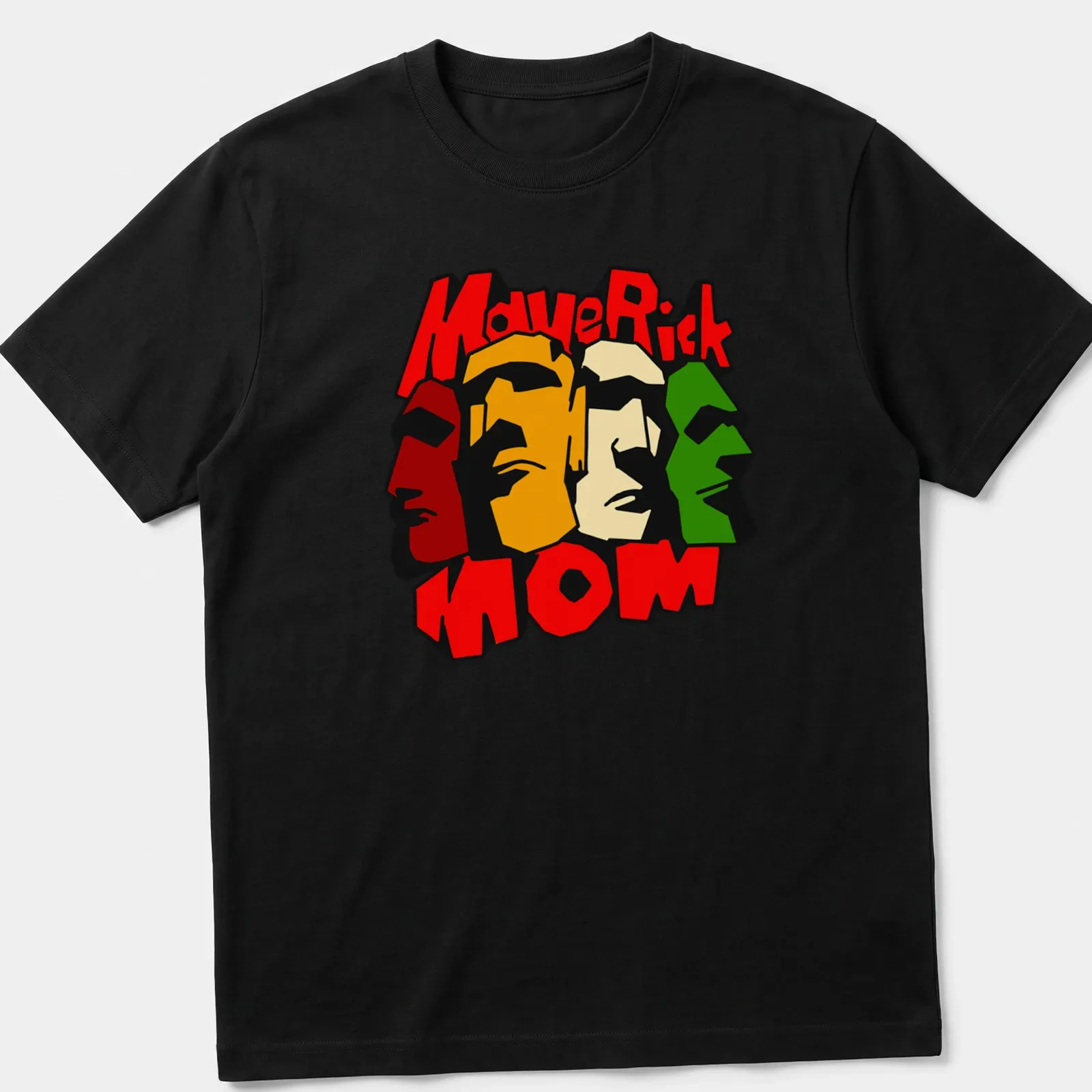 Colorful graphic t-shirt featuring the text MaveRick MOM with vibrant faces — printed on a unisex t-shirt