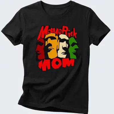 Colorful graphic t-shirt featuring the text MaveRick MOM with vibrant faces — printed on a women's shirt