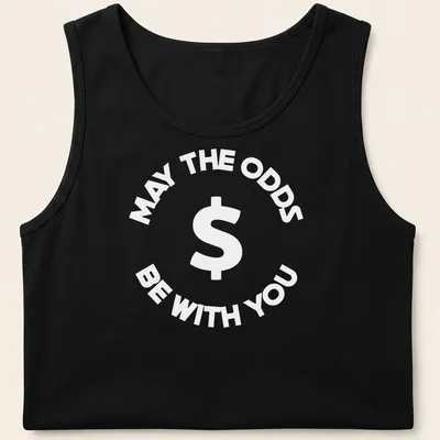 Bold lettering of 'May The Odds Be With You' on a sports betting — printed on a tank top